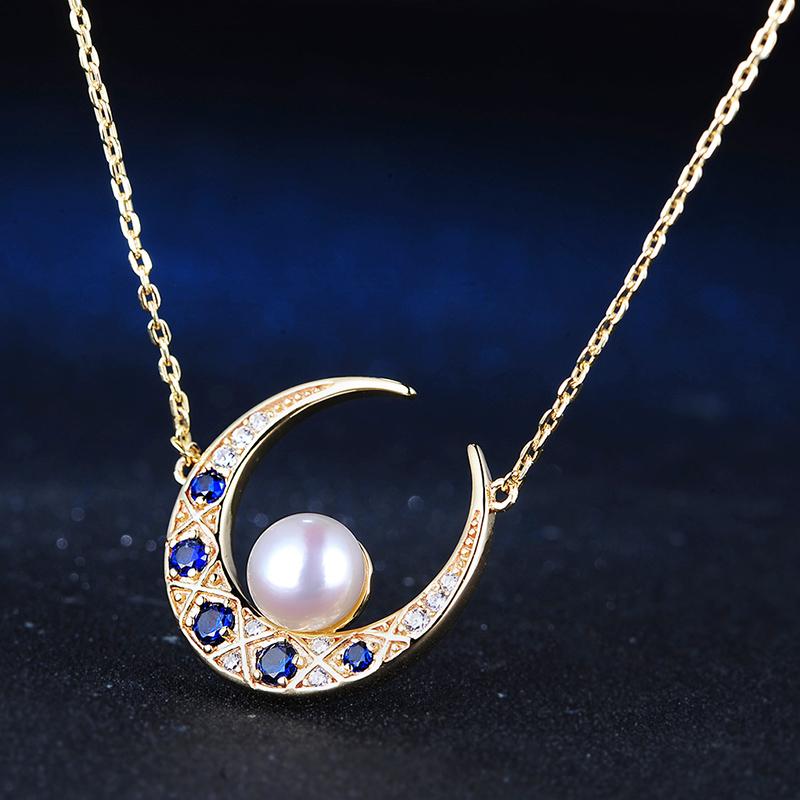 Sapphire Moon Freshwater Pearl and Diamond Pendant Necklace in 14K Gold Over Sterling Silver (6-6.5mm)