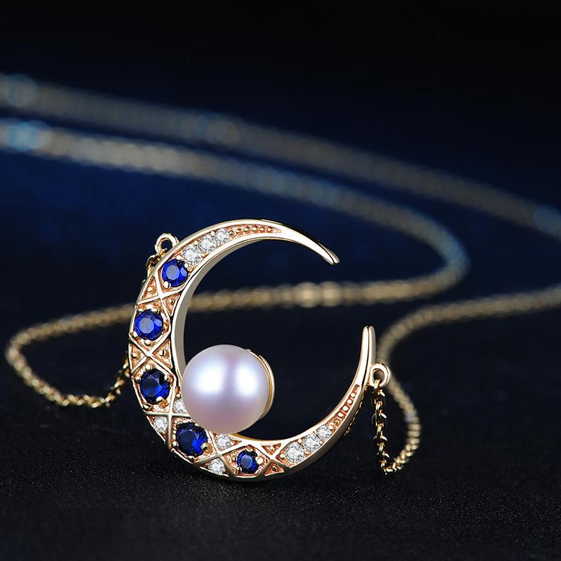 Sapphire Moon Freshwater Pearl and Diamond Pendant Necklace in 14K Gold Over Sterling Silver (6-6.5mm)