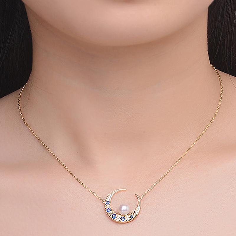 Sapphire Moon Freshwater Pearl and Diamond Pendant Necklace in 14K Gold Over Sterling Silver (6-6.5mm)