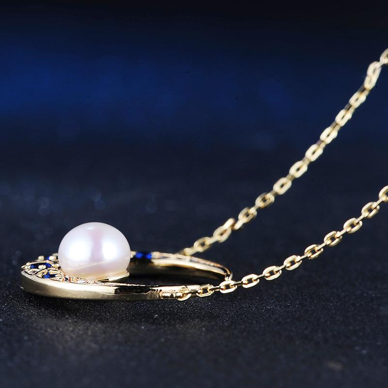 Sapphire Moon Freshwater Pearl and Diamond Pendant Necklace in 14K Gold Over Sterling Silver (6-6.5mm)