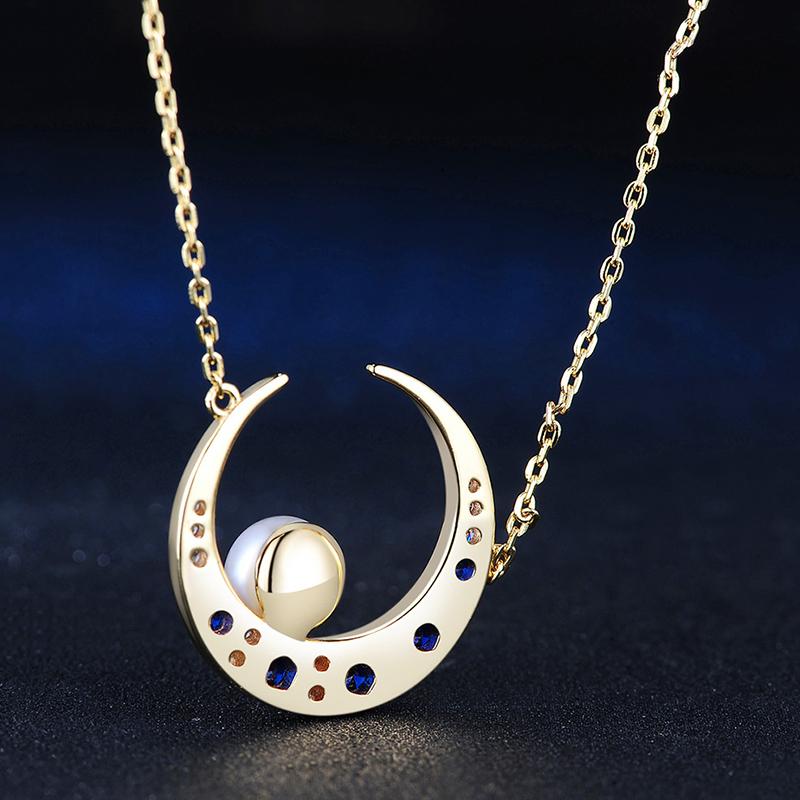 Sapphire Moon Freshwater Pearl and Diamond Pendant Necklace in 14K Gold Over Sterling Silver (6-6.5mm)