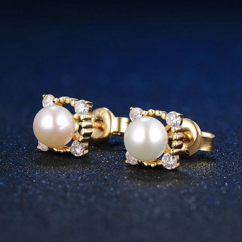Freshwater Cultured Pearl and Diamond Stud Earrings in 14K Gold Over Sterling Silver(5-6mm)