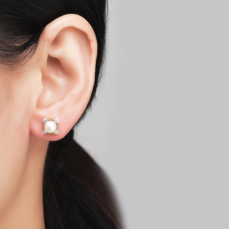 Freshwater Cultured Pearl and Diamond Stud Earrings in 14K Gold Over Sterling Silver(5-6mm)