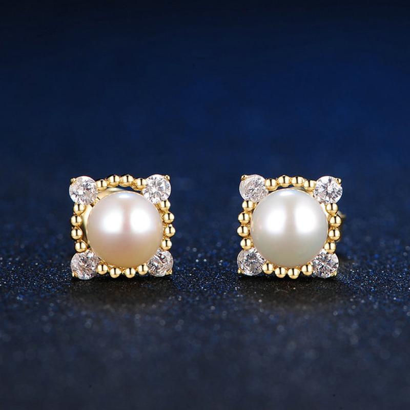 Freshwater Cultured Pearl and Diamond Stud Earrings in 14K Gold Over Sterling Silver(5-6mm)