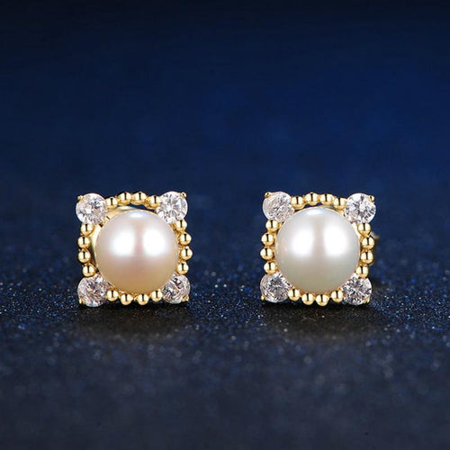 Freshwater Cultured Pearl and Diamond Stud Earrings in 14K Gold Over Sterling Silver（5-6mm）