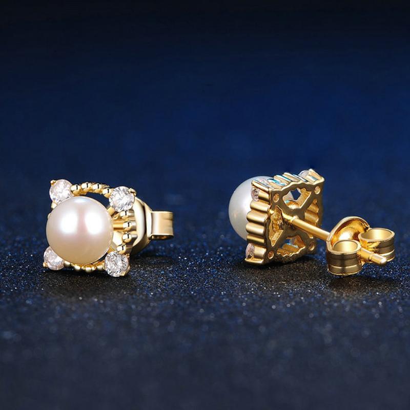 Freshwater Cultured Pearl and Diamond Stud Earrings in 14K Gold Over Sterling Silver(5-6mm)