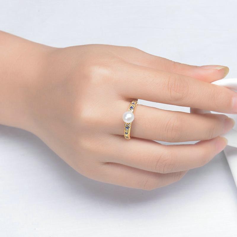 White Freshwater Pearl Ring Blue Crystal Ring in 14K Gold Over Sterling Silver Size Adjustable
