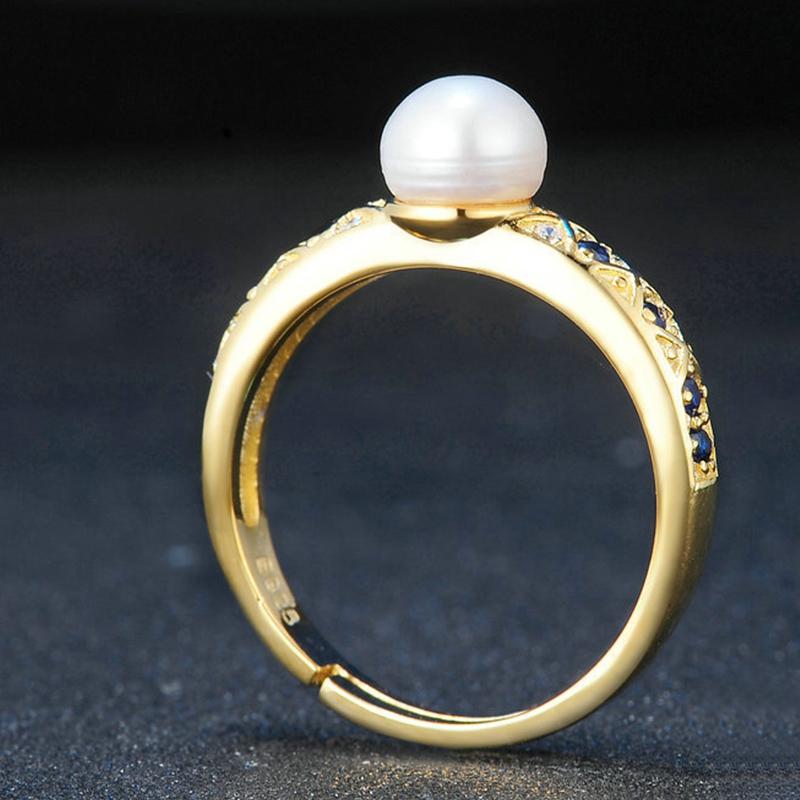 White Freshwater Pearl Ring Blue Crystal Ring in 14K Gold Over Sterling Silver Size Adjustable