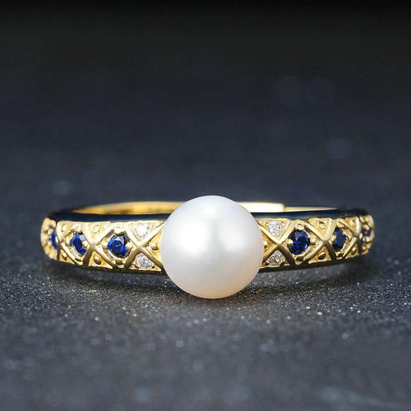 White Freshwater Pearl Ring Blue Crystal Ring in 14K Gold Over Sterling Silver Size Adjustable