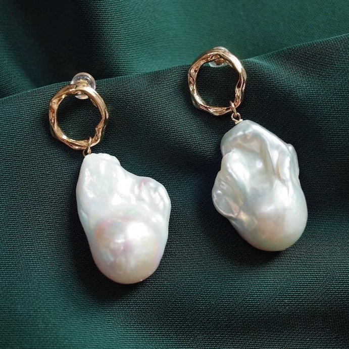 13-16mm AAA Big Baroque Pearl Earrings Saltwater Real Pearl Drop Earrings with Gold Clasp White Pearl Wedding Earrings