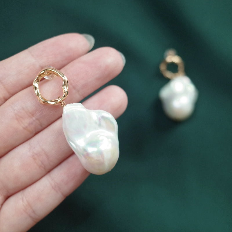 13-16mm AAA Big Baroque Pearl Earrings Saltwater Real Pearl Drop Earrings with Gold Clasp White Pearl Wedding Earrings