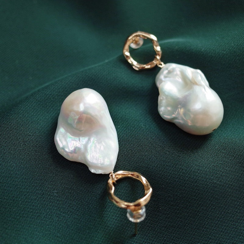 13-16mm AAA Big Baroque Pearl Earrings Saltwater Real Pearl Drop Earrings with Gold Clasp White Pearl Wedding Earrings