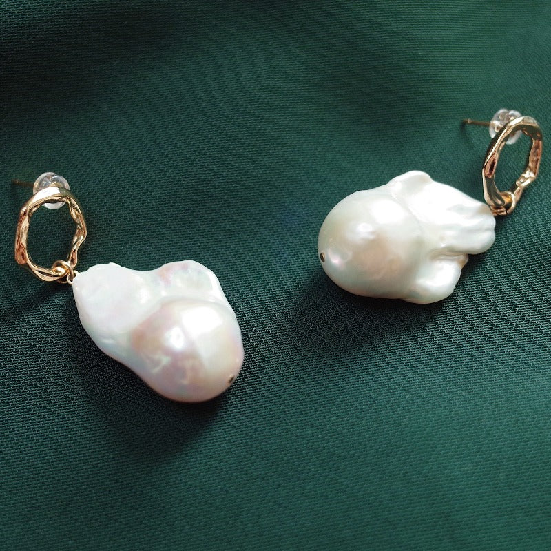 13-16mm AAA Big Baroque Pearl Earrings Saltwater Real Pearl Drop Earrings with Gold Clasp White Pearl Wedding Earrings