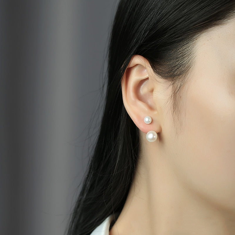 Boucles d'oreilles en perles véritables AAA | Boucles d'oreilles pendantes à double perle très brillante avec fermoirs en argent et or 18 carats