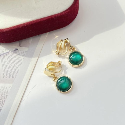 Vintage Style Green Moonstone Drop Earrings with Gold Clasp Silver Pin Earring Clip Available