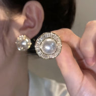 Pendientes de perlas con halo de cristal Pendientes de perlas blancas Pin de plata S925