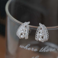 Elegant Lace Hoop Earrings White and Gray Pearl Earring Hoops with Silver Pin