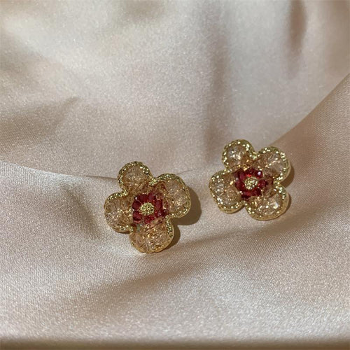 Crystal Flower Ear Studs Bling Zircon Earrings with Silver Pin Green Pink Orange Color Avalible