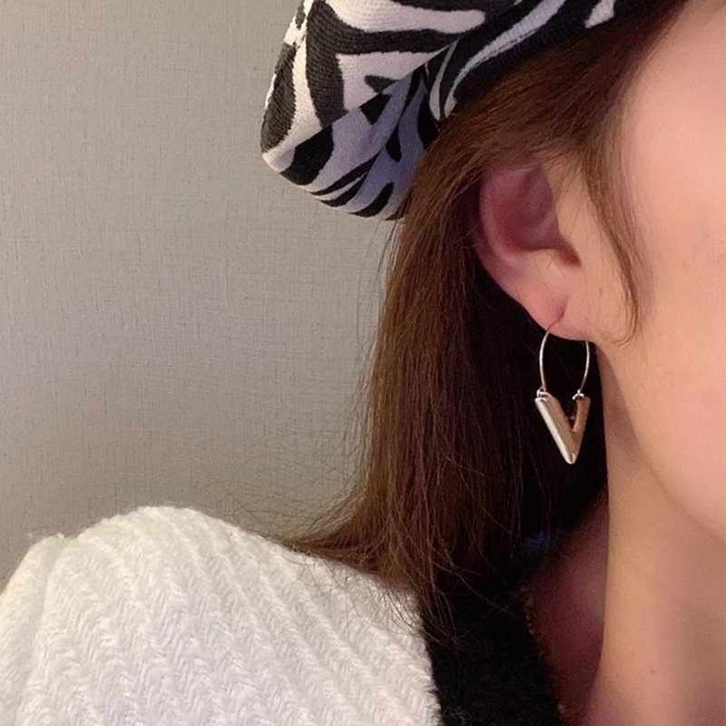 Silver V Drop Hoop Earrings 3D Yeah Triangle Huggie Earrings