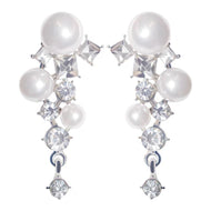 Pearl and Crystal Long Earrings Silver Grape Design Pearl Dangling Earrings with Silver Pin