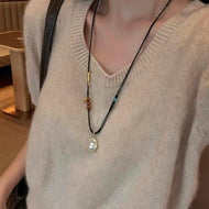 Freshwater Big Baroque Pearl Necklace Pendant Handmade Leather Rope Adjustable Sweater Necklace