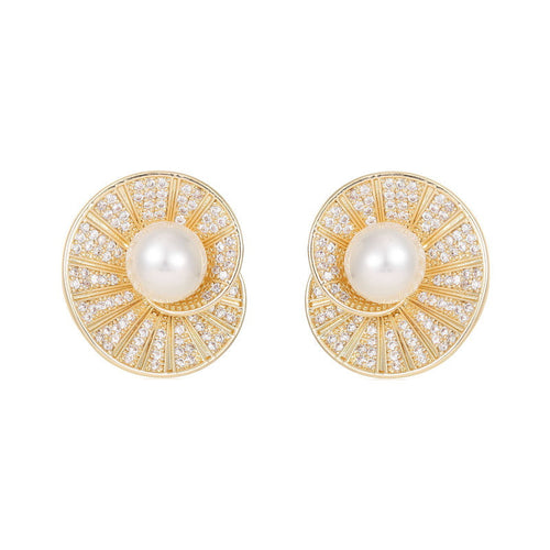 Gold And Silver Pearl Stud Earrings Conch Vibe Diamond Earrings with S925 Silver Pin