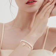 Gold Camellia Pearl Bracelet Earrings | Double Strand Bracelets | Bow Earrings in 14K Plated Gold