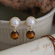10mm Pearl Drop Earrings Tiger Eye Stone Drop Earrings with S925 Silver Pin