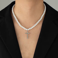 Big Pearl Silver Cross Necklace | Pearl Necklace with Diamond Cross Pendant for Men and Women