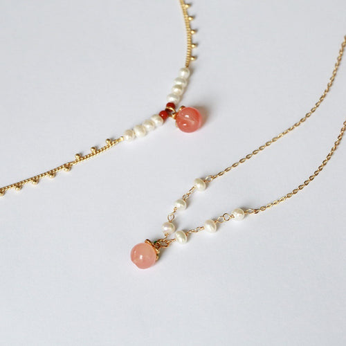 Peach Drop Necklace Bracelet and Earrings Freshwater Pearl and Gold Chain Jewelry Set for Girls