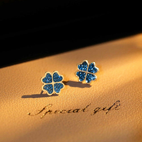 Blue Four Leaf Clover Earrings Stud Crystal Four Leaf Clover Earrings with S925 Silver Pins