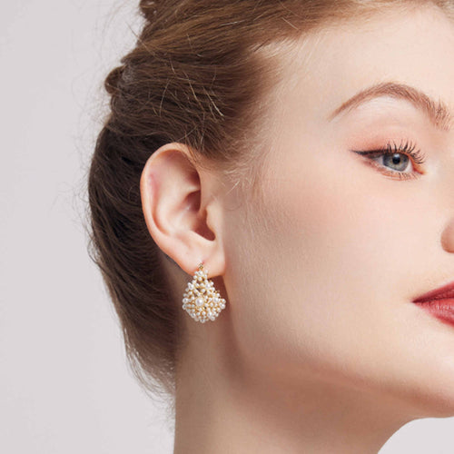 Floral Pearl Hoop Earrings Full Pearl Hollow Basket Style Earrings with S925 Silver Pin