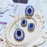 Jewelry Set Blue and Green Synthetic Quartz Crystal Earrings Necklace and Ring Set