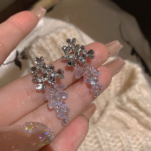 Zircon Drop Earring Clip & Pin Elegant Sterling Silver Grape Theme Earrings