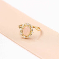 Anillo abierto chapado en oro de 14 quilates con calcedonia rosa, anillo ajustable con piedra rosa y diamantes circundantes de estilo vintage