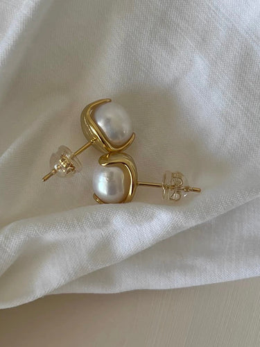 Freshwater Pearl Stud Earrings Gold and Silver Pearl Bean Earring Studs with Sterling Silver Pin
