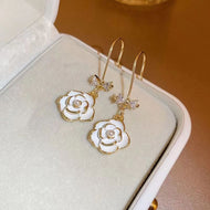 Gold Camellia Pearl Bracelet and Earrings | Double Strand Bracelets | Bow Earrings in 14K Gold Plated