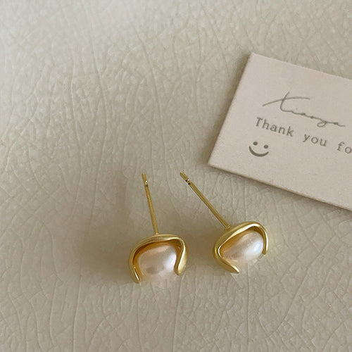 Gold and Silver Pearl Stud Earrings Bean Shaped Pearl Earrings with Sterling Silver Pin