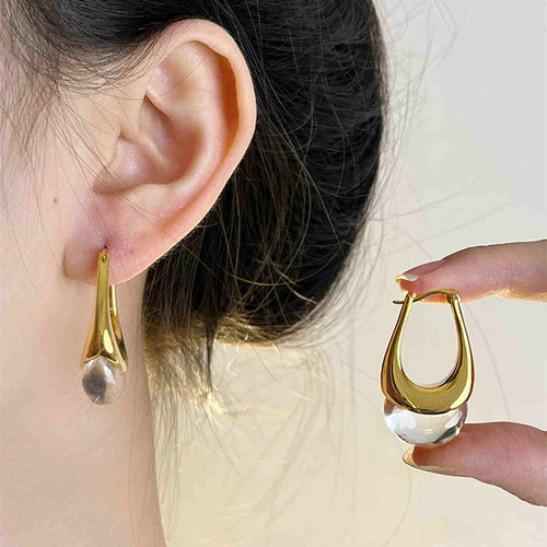 U Shape Chunky Hoop Natural Amber Drops Earrings Huggie Hoops Irregular Amber Earrings with S925 Silver Pins