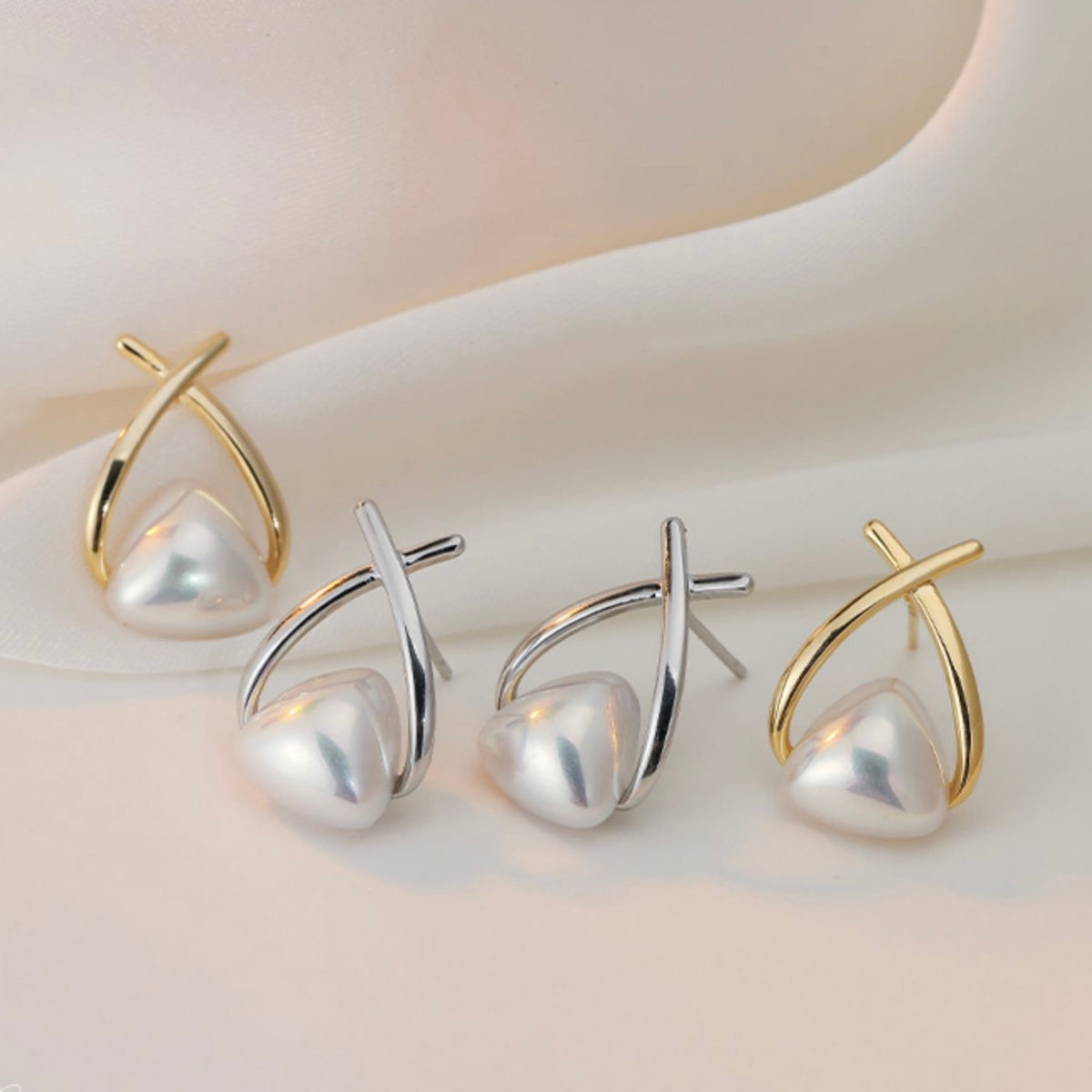 Triangle Pearl Earrings | X Shaped Shell Pearl Moonstone Earrings with ...