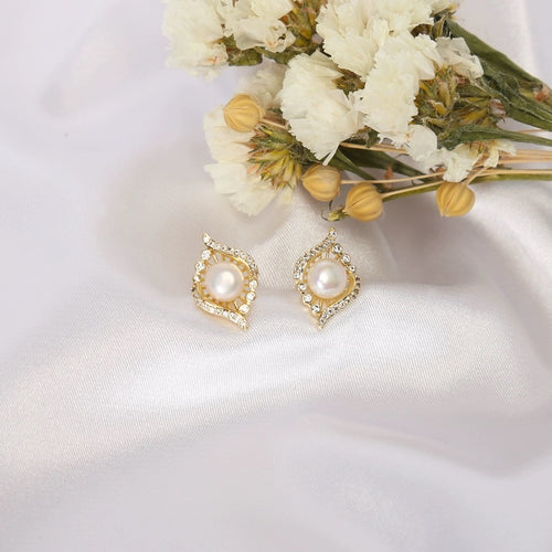 Freshwater Pearl Earring Studs White Real Pearl Surround Diamond Studs