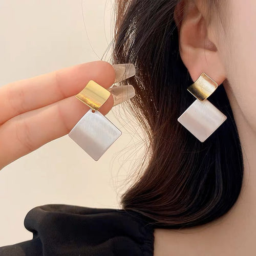 Gold and Silver Metal Shine Earrings Square Shape Drop Earrings with S925 Silver Pin