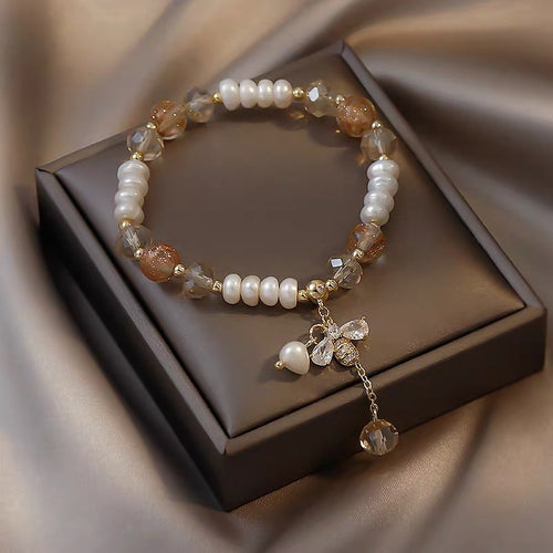 Freshwater Pearl and Crystal Bracelet with Honey Bee Charm Gold Settings