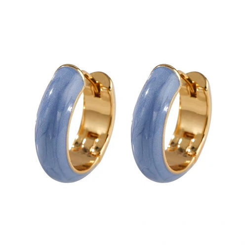 Blue Enamel Hoop Earrings French Small Wide Hoop Earrings Gold Plated with S925 Silver Pin