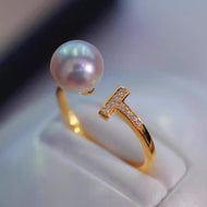 7-8mm AAAA Freshwater Pearl Ring T Shape Solid Silver Open Ring Crystal High Luster Pearl Ring Adjustable Size
