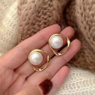 Designed Big White Pearl Gold Earring Studs with S925 Silver Pin / Earring Clip Available