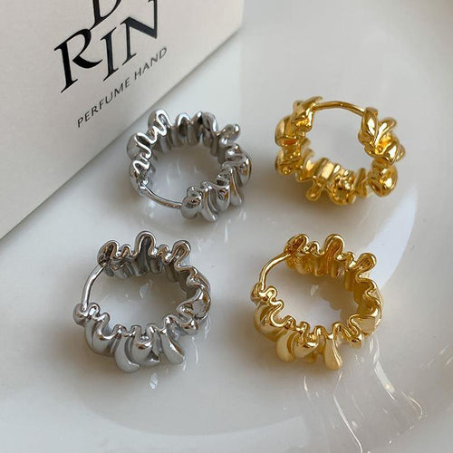 Petite Hoop Earrings Gold and Silver Folds Pattern Croissant Hoop Earrings Silver Pin