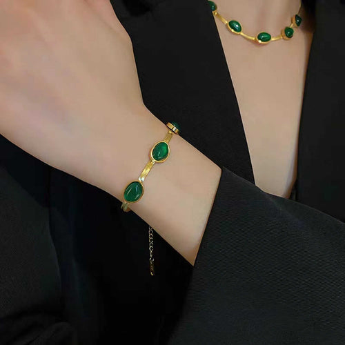 Green Jade Jewelry Set Green Hoop Drop Earrings Gold Snake Necklace and Bracelets