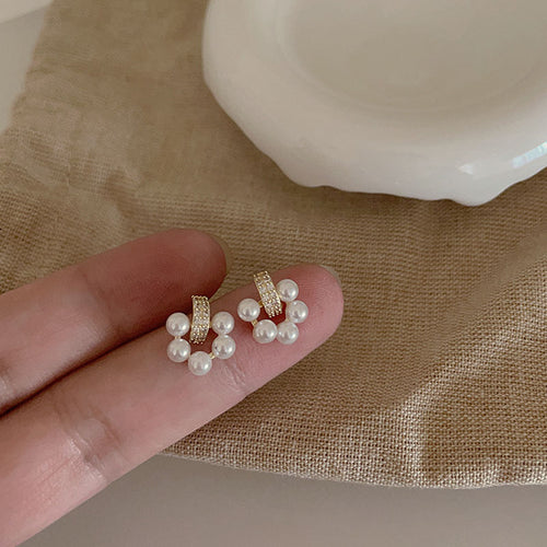 Pendientes mini de perlas Pendientes de diamantes con circonita cúbica Pin de plata de ley 925