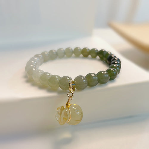 6MM Natural Jade Barrel Bead Bracelet | Lemon Crystal Money Bag Pendant Bracelets | Water Green Elastic Cord Bracelet